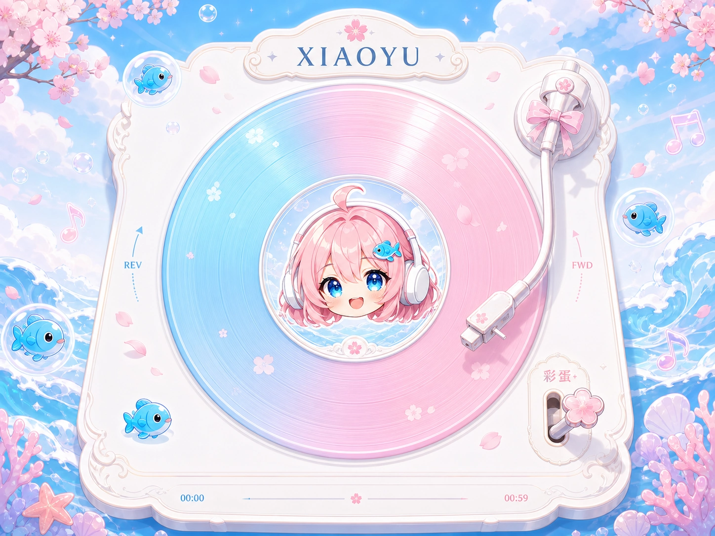 樱花、海浪和小鱼环绕的 XIAOYU 唱片机